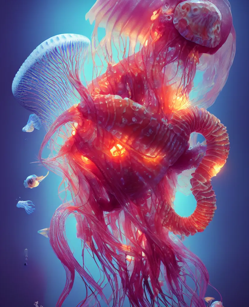 Image similar to human thorax, jellyfish phoenix head, nautilus, orchid, skull, betta fish, bioluminiscent creatures, intricate artwork by Tooth Wu and wlop and beeple. octane render, trending on artstation, greg rutkowski very coherent symmetrical artwork. cinematic, hyper realism, high detail, octane render, 8k