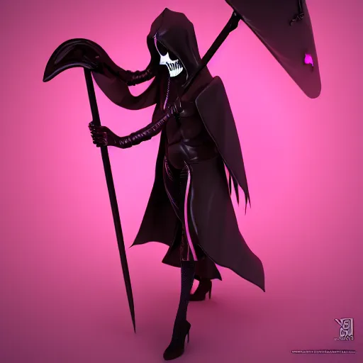 Image similar to candypunk grim reaper, character design, dollpunk, high quality digital art, render, octane, redshift, volumetric lighting, oled