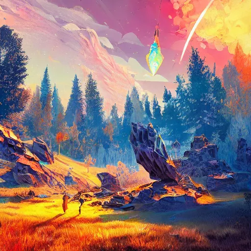 Image similar to Gigantic meteorite crashes into magic world planet, Bright colors, fantastic landscape, hyperrealism, no blur, 4k resolution, ultra detailed, style of Anton Fadeev, Ivan Shishkin, John Berkey