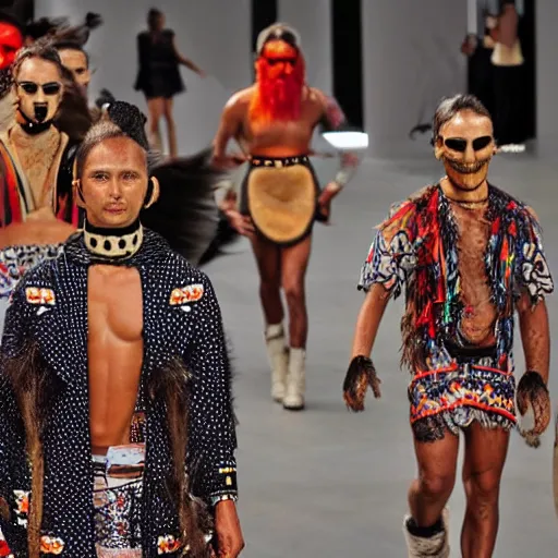 Image similar to a modern day fashion catwalk of an australian aborigine