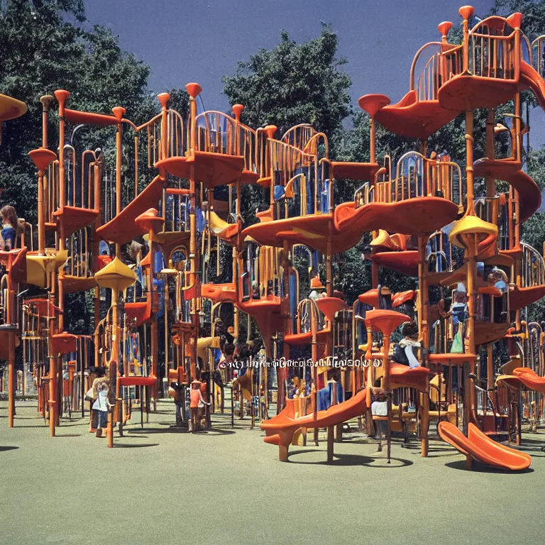Image similar to full - color closeup 1 9 7 0 s photo of a large complex very - dense very - tall many - level playground in a crowded schoolyard. the playground is made of dark - brown wooden planks, and black rubber tires. it has many wooden spiral staircases, high bridges, ramps, and tall towers.