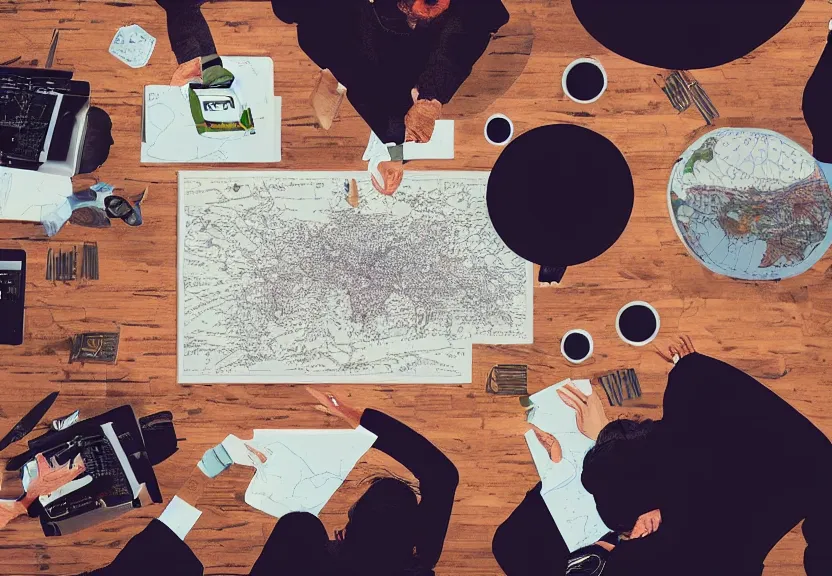 Prompt: “top view of powerful people sitting at a table with a map, digital art, award winning, 4k”