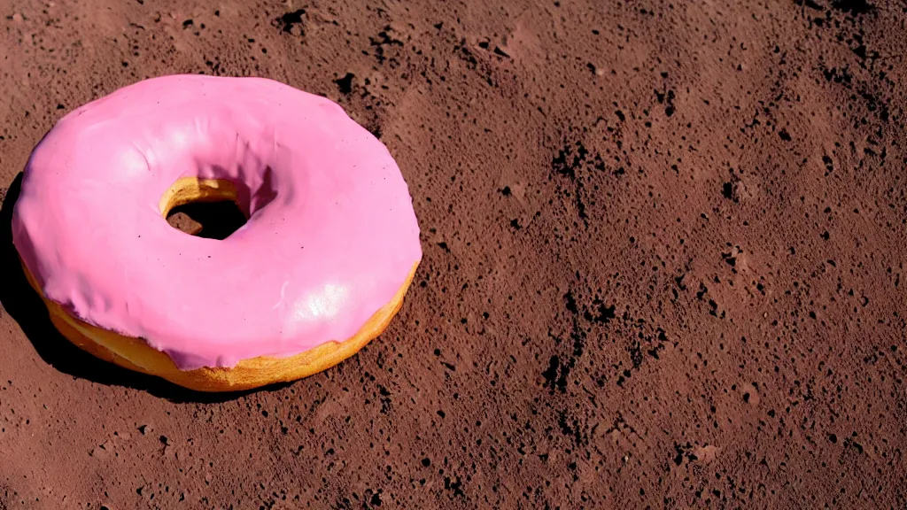 Prompt: giant donut with pink glaze on mars, sunlight, f - stop, high quality photography,
