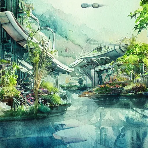 Prompt: Beautiful happy picturesque charming futuristic sci-fi town in harmony with nature. Beautiful light. Water and plants. Nice colour scheme, soft warm colour. Beautiful detailed watercolor by Lurid. (2022)