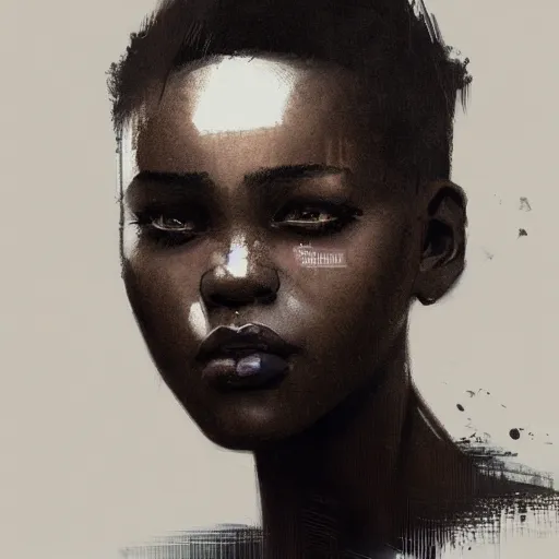 Prompt: portrait of a ugandan girl with short hair, men's haircut, dramatic lighting, illustration by greg rutkowski, yoji shinkawa, 4 k, digital art, concept art, trending on artstation