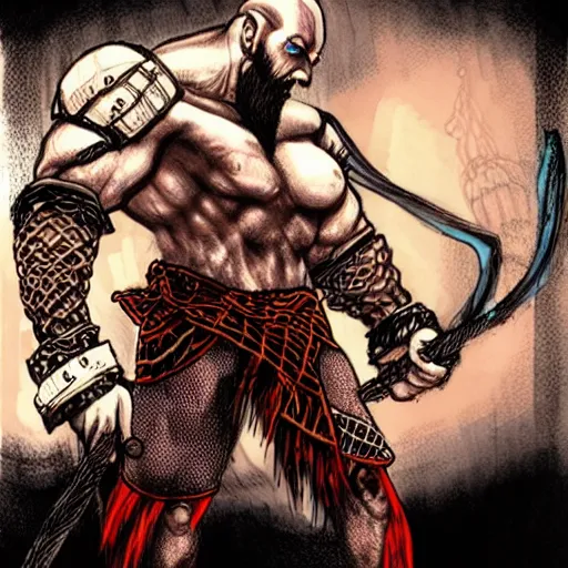 Image similar to concept art kratos the god of war wearing fishnet stockings outside of a biker bar