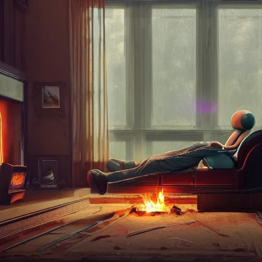 Prompt: Lonely and depressed robot reclining on a fainting couch in front of a cozy fire in a large fireplace in a Victorian home in the future, octane render, extremely detailed, cinematic lighting, 8k, lens flare, cinematic movie photograph, closeup portrait, trending on artstation, cgsociety, award-winning art, by Simon Stalenhag