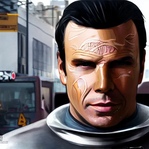 Image similar to [UHD Fonze as a GTA character on the streets of futuristic laserpunk Dallas, correct face, intricate facial details, symmetrical face, elegant, graphic detail, digital painting, trending on artstation, concept art, tonalism, sharp focus, illustration, art by Akira Toriyama and Greg Rutkowski and Alphonse Mucha]