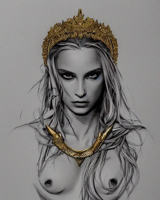 Image similar to tattoo design sketch of hot blonde super model as aphrodite greek goddess wearing a gold laurel wreath and triangle earrings, beautiful piercing gaze with sharp pupils, in the style of greg rutkowski, fantasy, amazing detail, epic, elegant, smooth, sharp focus, front view