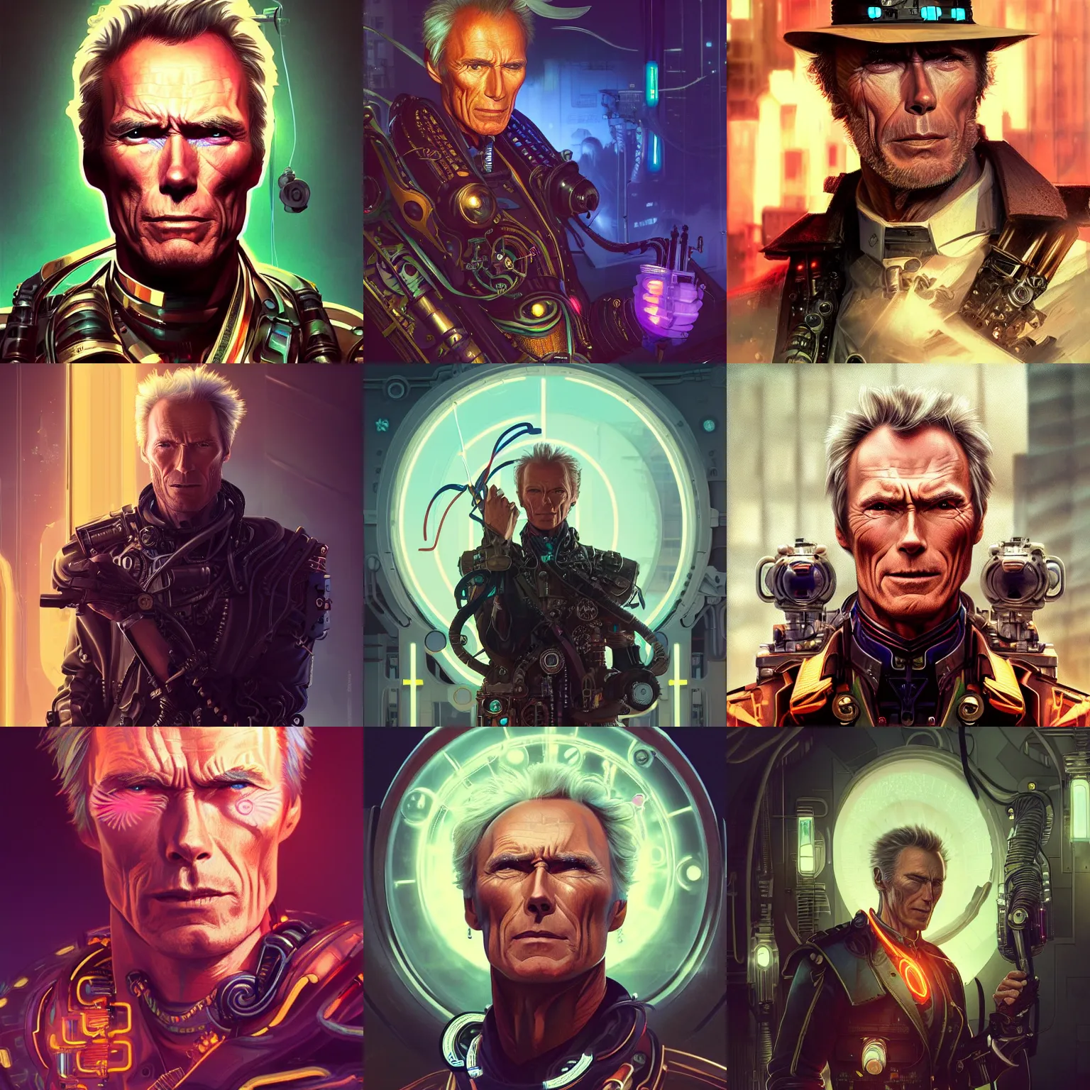 Prompt: portrait futuristic clint eastwood as steampunk half - cyborg, neon light rooftop, fantasy, intricate and very very beautiful and elegant, highly detailed, digital painting, artstation, concept art, smooth and sharp focus, illustration, art by tan zi and ayanamikodon and alphonse mucha and wlop