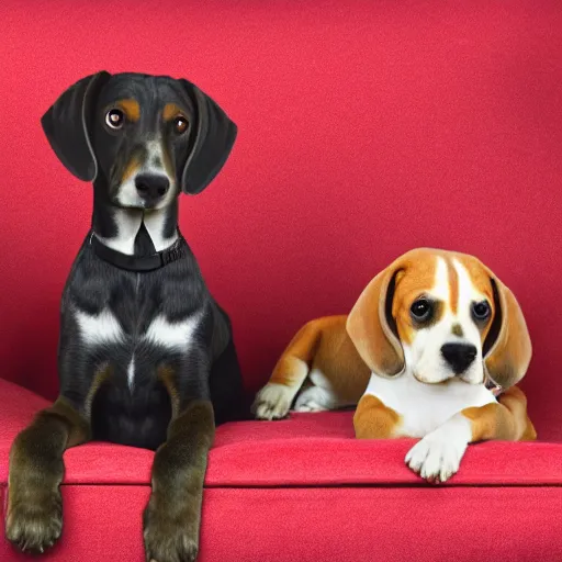 Image similar to a digital photo of a beagle and a daschund on a red victorian couch.