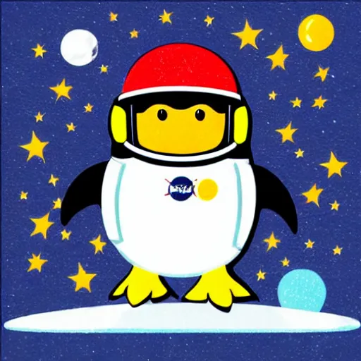 Image similar to cute astronaut penguin, helmet on, floating on space, disney style