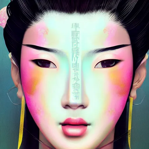 Image similar to portrait of beautiful japan cyberpunk geisha, by nick silva, ja mong, greg rutkowsky, digital, soft painting, photorealism, skin reflections