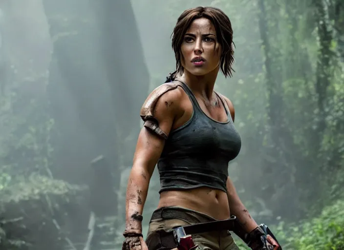 Image similar to film still of!!!! chloe bennett!!! as lara croft in new tomb raider movie, 8 k