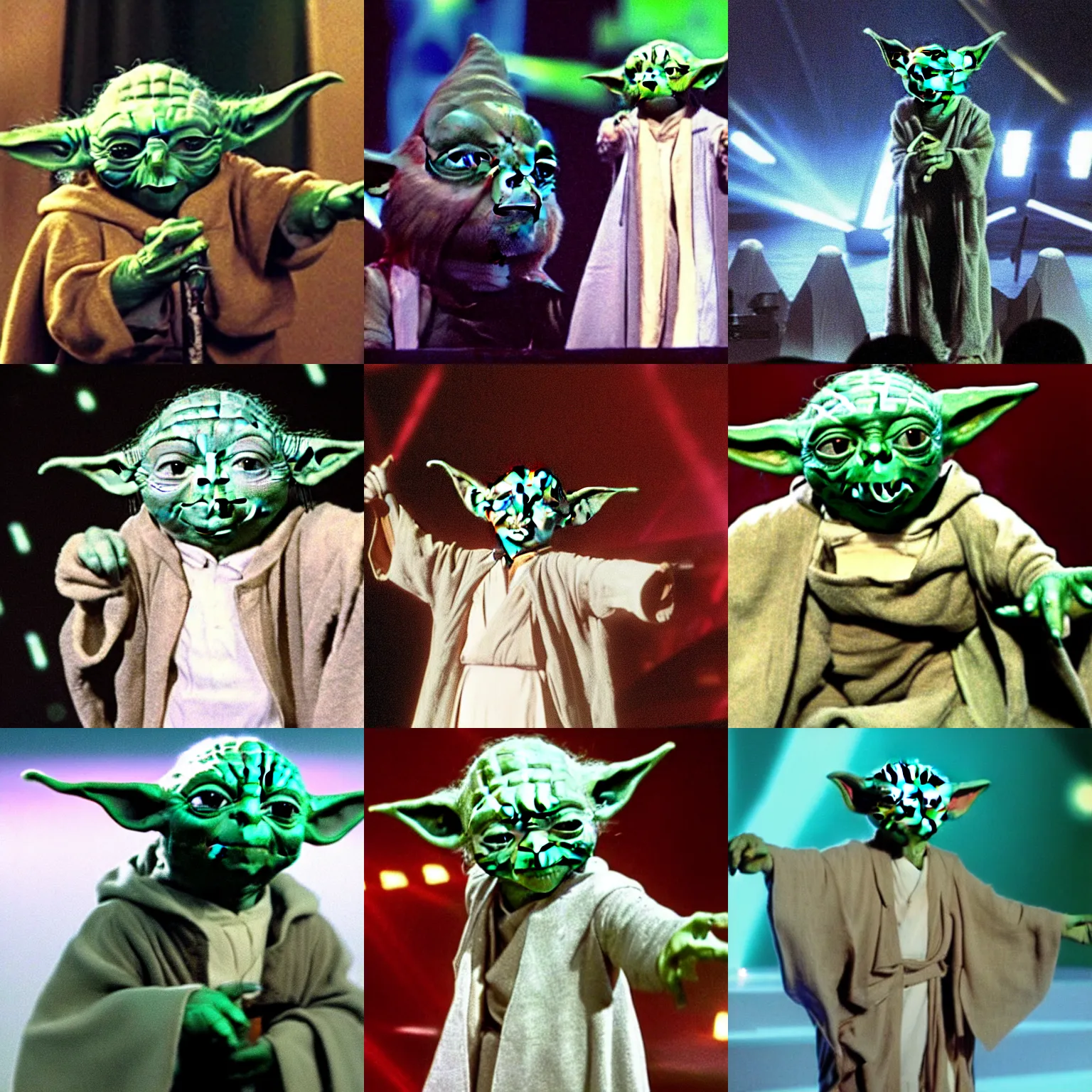 Prompt: a high quality photo of yoda winning the eurovision song contest