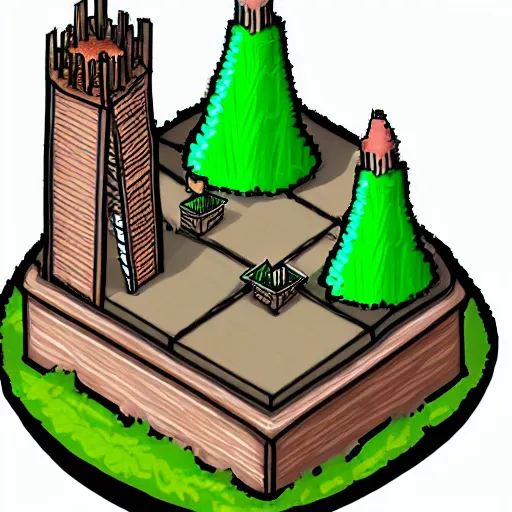 Image similar to isometric view of wizard tower, colored lineart from resource gathering game