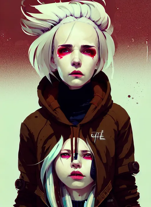 Image similar to highly detailed portrait of a sewer punk canadian lady, tartan hoody, white hair by atey ghailan, by greg rutkowski, by greg tocchini, by james gilleard, by joe fenton, by kaethe butcher, gradient red, brown, blonde cream and white color scheme, grunge aesthetic!!! ( ( graffiti tag wall background ) )