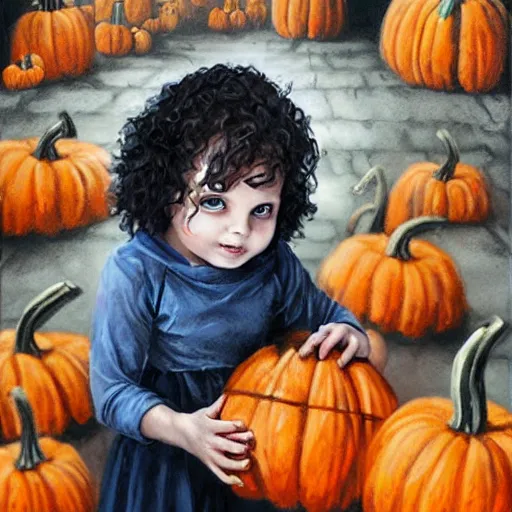 Prompt: a cute little girl with light brown wavy curly hair and blue eyes sitting amidst piles of skulls and pumpkins. beautiful cute highly detailed face. spooky halloween themed painting by artgerm and greg rutkowski and magali villanueve.