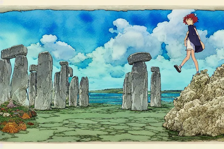 Image similar to a hyperrealist studio ghibli watercolor fantasy concept art. in the foreground is a giant lifting a stone. in the background is stonehenge. the scene is underwater on the sea floor. by rebecca guay, michael kaluta, charles vess