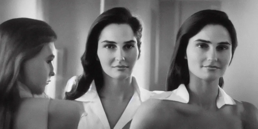 Prompt: ultra wide angle photo of young caitlin jenner, born female, dressed in a white blouse and black dress pants as diana prince looking at herself in a bathroom mirror and seeing her reflection as wonder woman