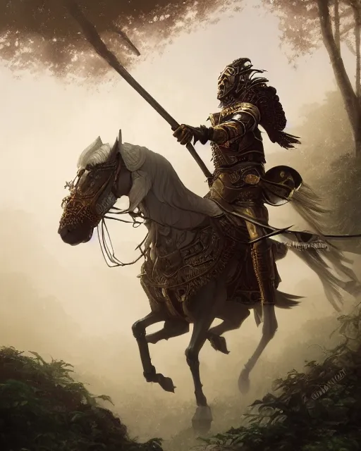 Image similar to ultra realistic illustration of a spanish conquistador wearing ornate armor and riding a horse in a dense foggy jungle environment by artgerm and and greg rutkowski and studio ghibli, octane, studio ghibli color scheme, intricate, portrait, anatomy, artstation, cinematic lighting, sharp focus, portrait, tarot card