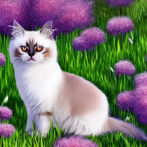 Prompt: cute fluffy siamese cat sitting in a meadow of spring flowers detailed painting 4k