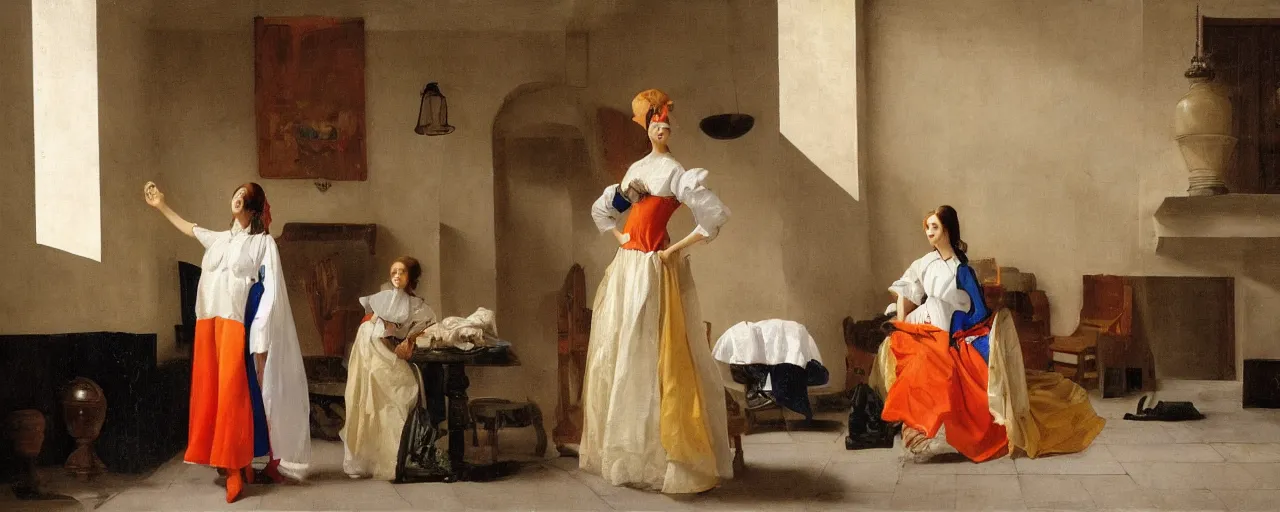 Image similar to photorealistic photoshoot puerto rican fashion designer clothe in tetradic color scheme, pieter de hooch lighting