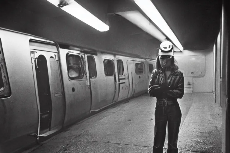 Prompt: portrait, girl in welding masks in subway, ominous lighting, by richard avedon, tri - x pan stock