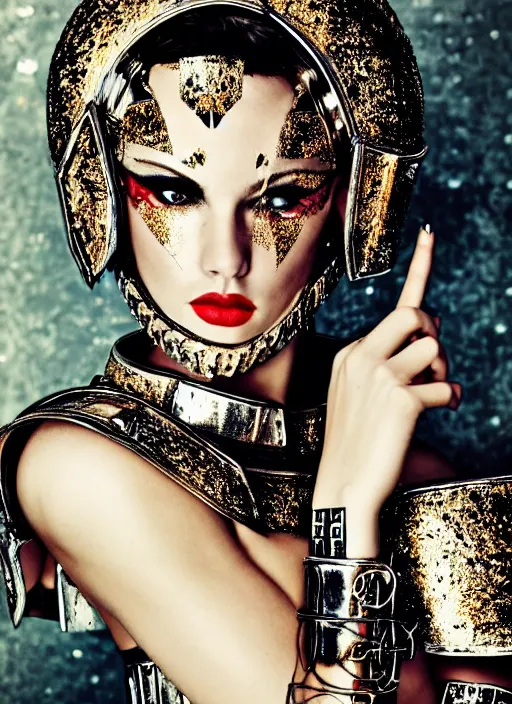 Prompt: close - up portrait of beautiful young woman dressed gladiator with metallic armor, art by ellen von unwerth