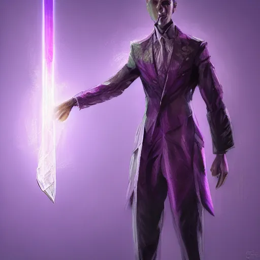 Image similar to a man in a purple suit holding a glowing sword, concept art by Android Jones, cgsociety, sumatraism, 8k, #vfxfriday, ue5