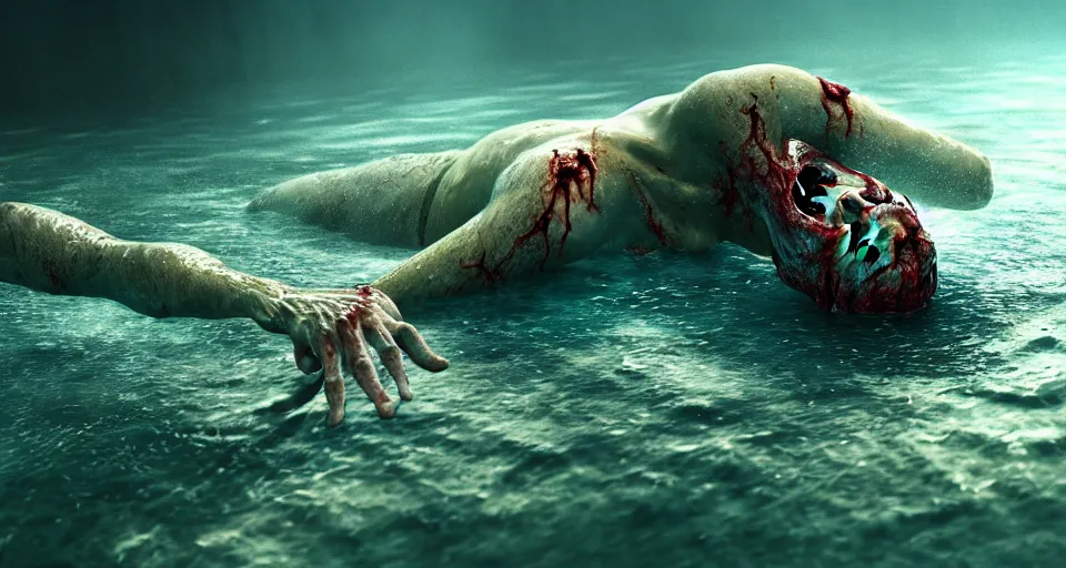 Image similar to highly detailed full body portrait of a zombie swimming underwater in a zombie - apocalypse, in a swimming pool, by greg rutkowski, octane render