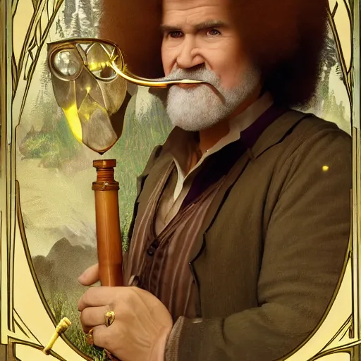 Image similar to an ultra detailed tarot card of bob ross smoking a pipe and dressed as a fantasy bard, d & d, epic fantasy, concept art by alphonse mucha and greg rutkowski, octane render, 8 k, detailed face