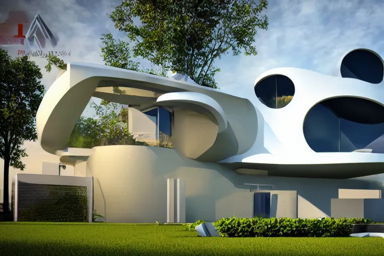 Image similar to photo of a futuristic house designed in the style of seppo mantyla, 4 k, realistic render