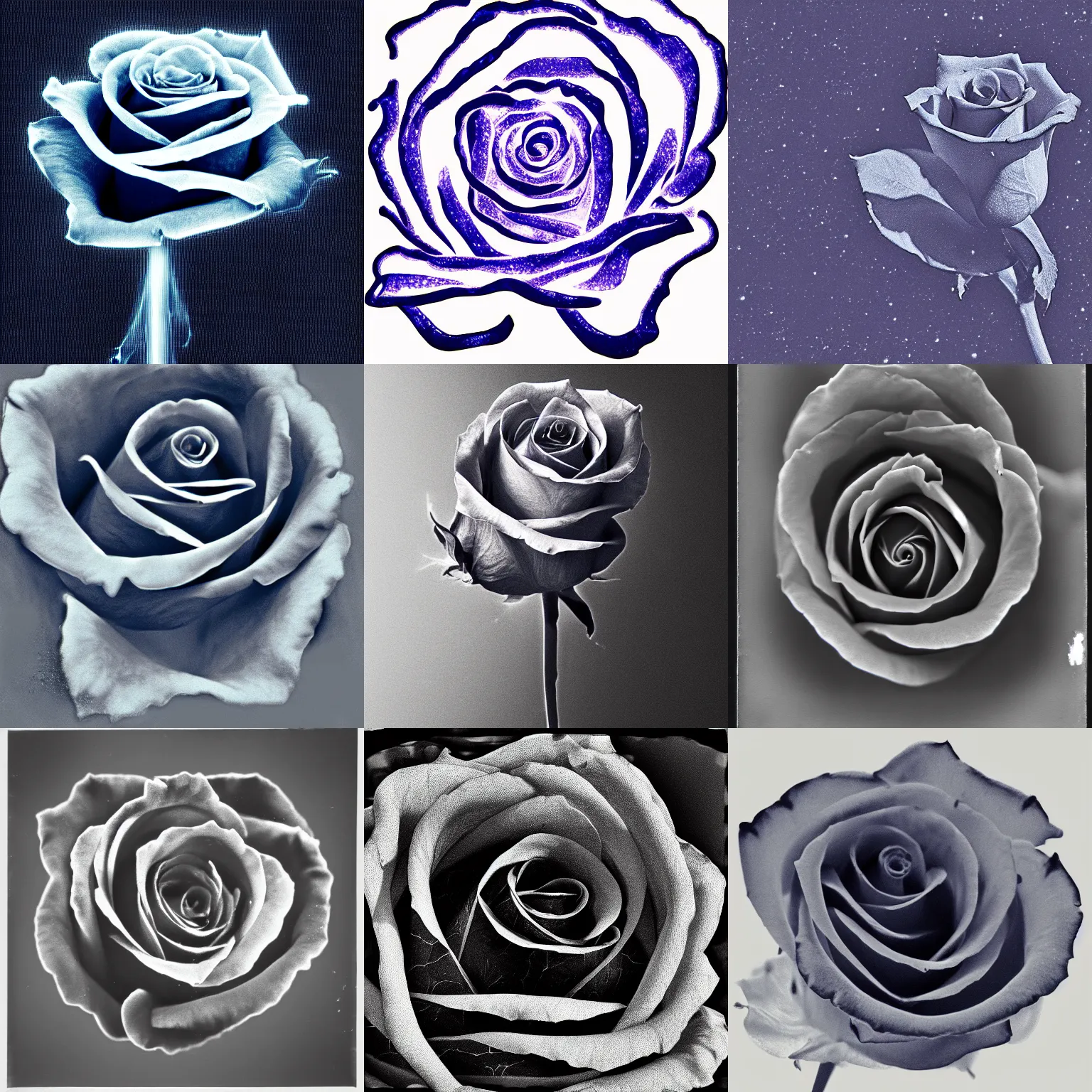 Prompt: single long stem rose in center of image, super zoomed out, white x-ray silhouette out on dark sapphire blue background, grainy vintage
