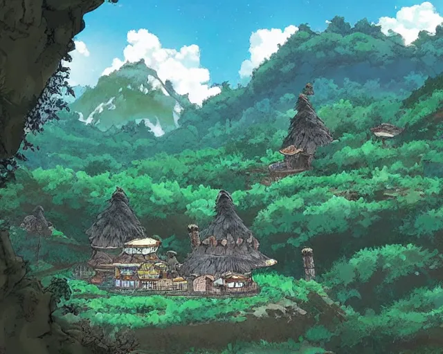 Image similar to mountain overseeing fantasy village next to a forest, studio ghibli style, hayao miyazaki