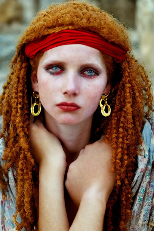 Image similar to 18th Century Barbary Coast pirate beautiful female model with amazing Ginger hair and Golden hooped earrings photography by Steve McCurry