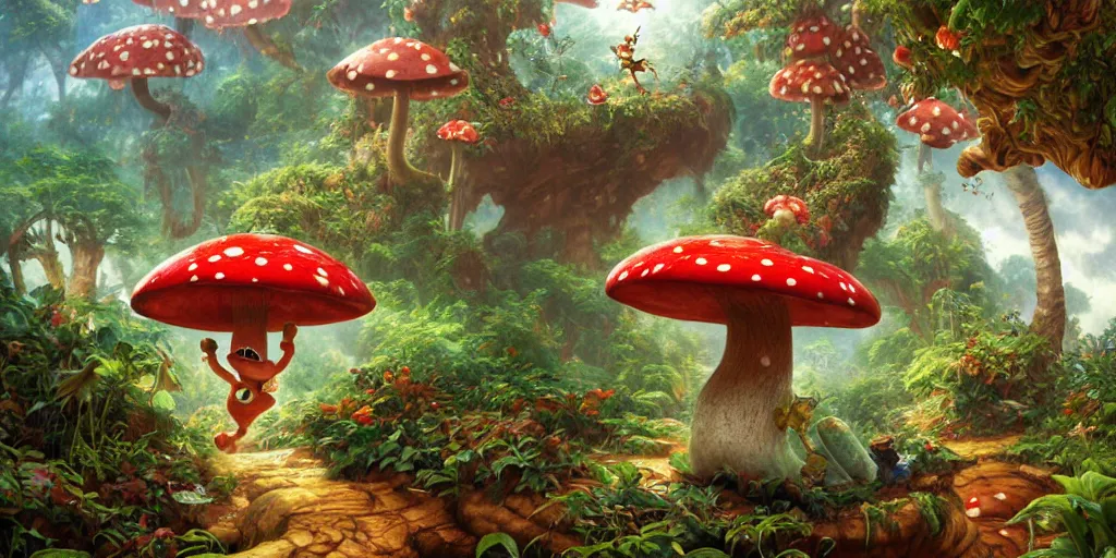 Prompt: Yoshi jumping out of Warp pipe, jungle landscape, Mushroom Kingdom, Super Mario Theme, giant red and white spotted mushrooms, by Stanley Artgerm Lau , greg rutkowski, thomas kindkade, alphonse mucha, loish, norman Rockwell