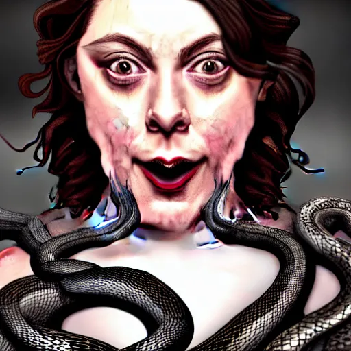 Prompt: rachel bloom with hissing snake ghosts for hair like medusa, fantasy, glamorous, beautiful, sharp focus, 8 k resolution, artstation