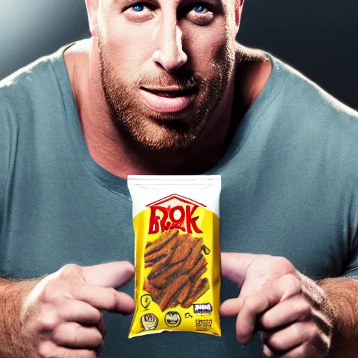 Prompt: Ryback eating a bag of Ryback-branded chips with Ryback's face on the bag, photorealistic, rendered in octane, rendered in Unreal engine, 4k, ultra hd, award-winning