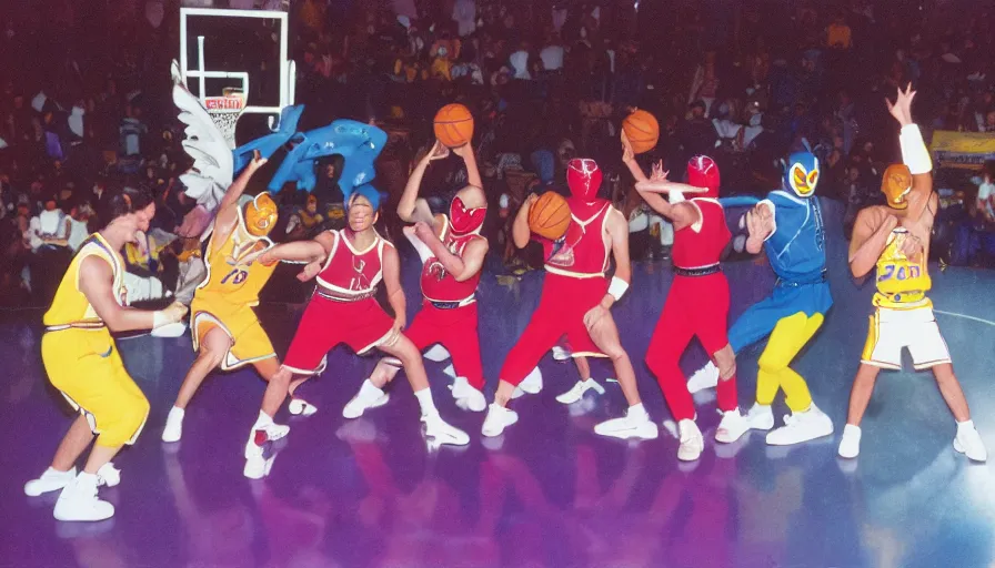 Image similar to power rangers playing basketball against the los angeles lakers, cinestill 8 0 0 t 3 5 mm eastmancolor, heavy grain, high quality, high detail