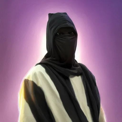 Image similar to ultra realistic illustration, man in a black hood, in a striped purple balaclava, mysterious, highly detailed, digital painting, artstation, concept art, smooth, sharp focus, illustration, art by artgerm and greg rutkowski and alphonse mucha