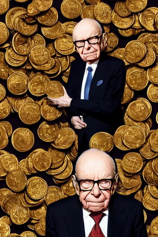 Image similar to !!! rupert murdoch!!! with!! many eyes!!, surrounded by gold coins, photorealistic, cinematic lighting, highly detailed, very intricate, by henry selick