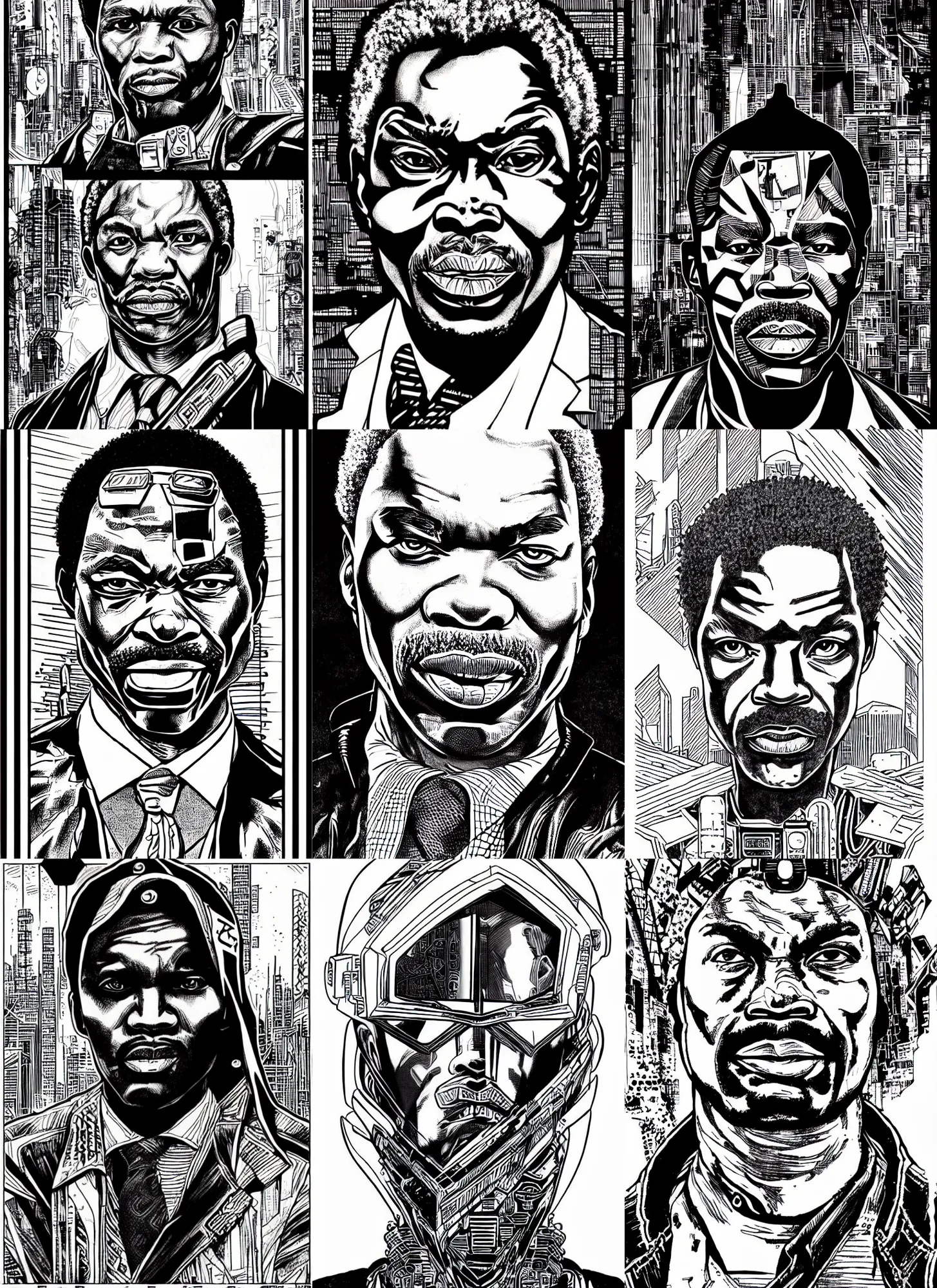 Prompt: thabo mbeki, portrait, cyberpunk 2 0 2 0 manual, by steampoweredmikej, inktober, ink drawing, black and white, coloring pages, manga, highly detailed