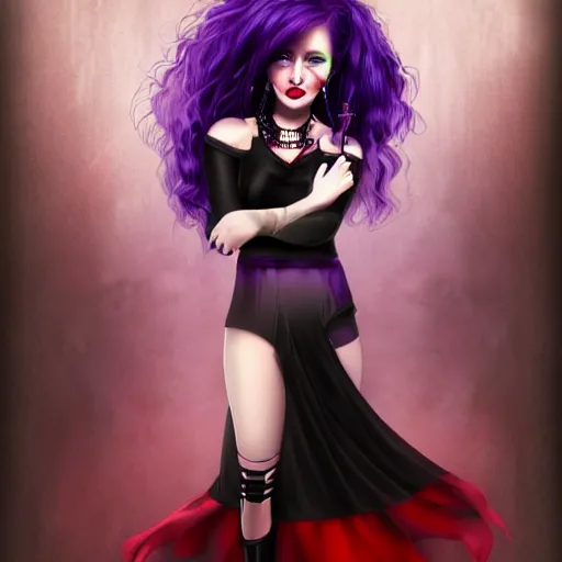 Image similar to full body art of a cute woman, long purple hair, black tanktop, red tartan skirt, black gloves, purple lipstick, digital art, fantasy art, 4k,