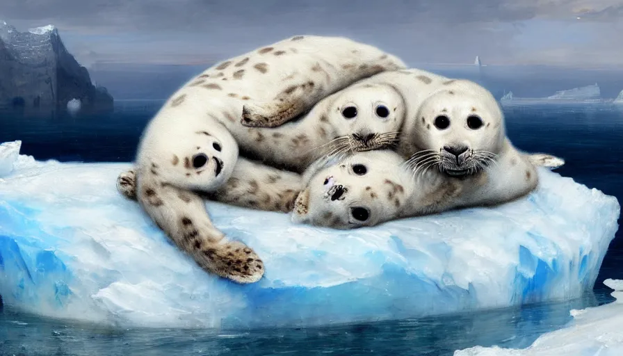 Image similar to highly detailed painting of cute furry white baby seal leopards cuddling into each other on a blue and white iceberg by william turner, by greg rutkowski, by william constable, thick brush strokes and visible paint layers, 4 k resolution