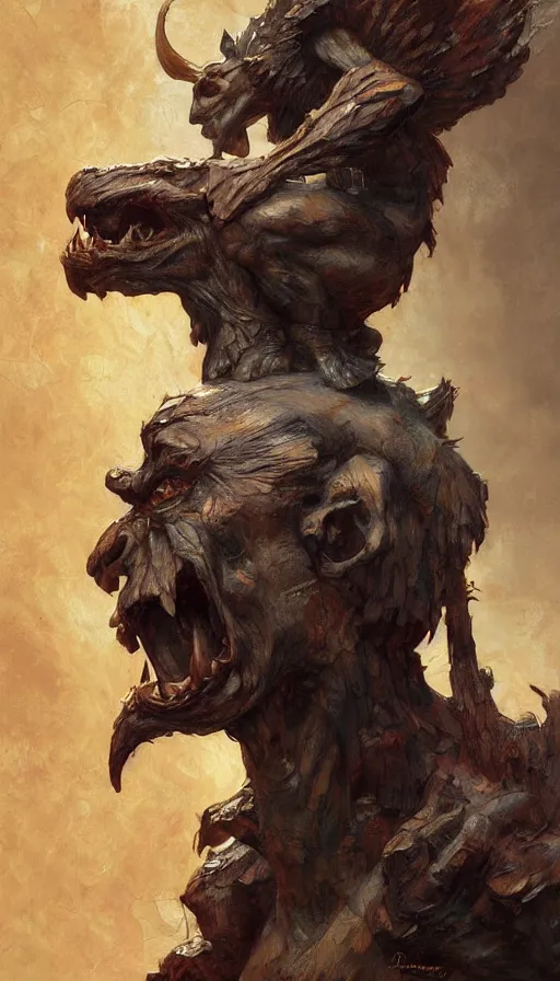 Image similar to wooden gargoyle profiles, paint texture, digital painting, highly detailed, artstation, sharp focus, sunlit, painted by ruan jia, raymond swanland, lawrence alma tadema, zdzislaw beksinski, norman rockwell, jack kirby, tom lovell, alex malveda, greg staples