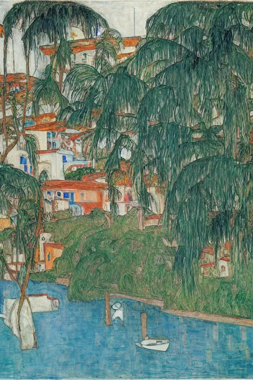 Image similar to a long river, tied bridge on local river, a lot of boat in river, 2 number house near a lot of palm trees and bougainvillea, summer, painting by egon schiele