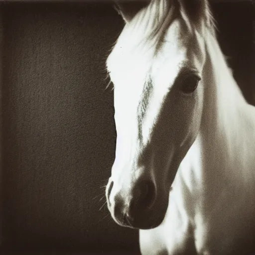 Prompt: a black and white grainy polaroid horse with a creepy human face