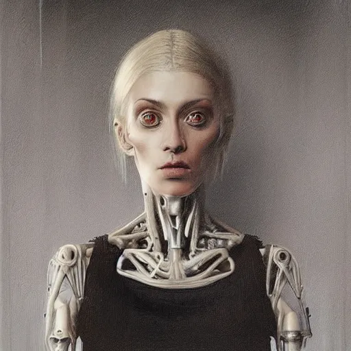 Image similar to surreal portrait of a woman by Greg Rutkowski, symmetrical face, she is about 30 years old, she is about 30 years old, pretty, blond hair with two strans around her face, slavic features, melancholic gaze, pretty aquiline nose, transformed into a kind of biomechanical transhuman goddes, uncany but fascinating, sad but determined look, cosmic void background, frightening, fascinating, highly detailed portrait, digital painting, book cover, artstation, concept art, smooth, sharp foccus ilustration, Artstation HQ