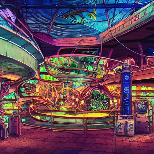 Prompt: undersea shopping center built from various sea shells, sea weed, light diffraction, steampunk, cyberpunk, warm lights, anime, vhs distortion